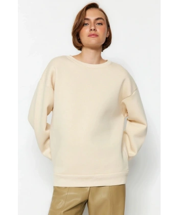 3 iplik şardonlu bisiklet yaka sweatshirt bej