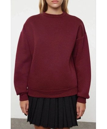 3 iplik şardonlu bisiklet yaka sweatshirt bordo