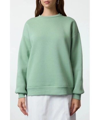 3 iplik şardonlu bisiklet yaka sweatshirt mint