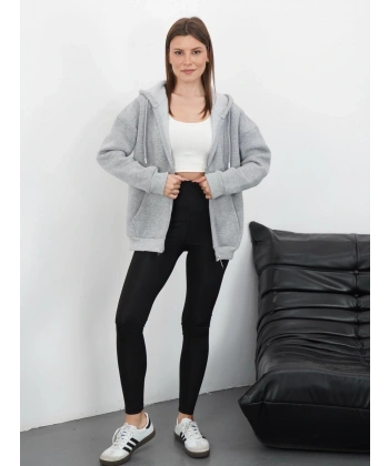 3 iplik şardonlu fermuarlı kapşonlu hırka gri