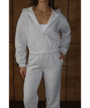 3 iplik şardonlu Kapşonlu fermuarlı kısa üst gri pat8590