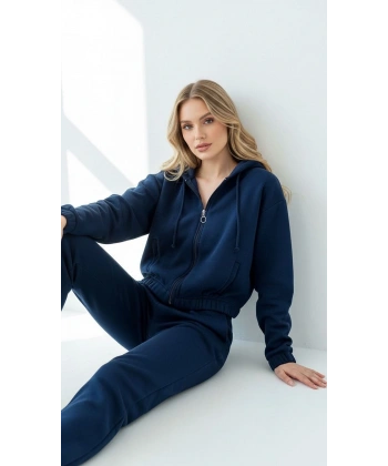 3 iplik şardonlu Kapşonlu fermuarlı kısa üst lacivert pat8590