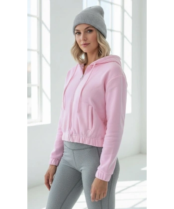 3 iplik şardonlu Kapşonlu fermuarlı kısa üst pembe pat8590