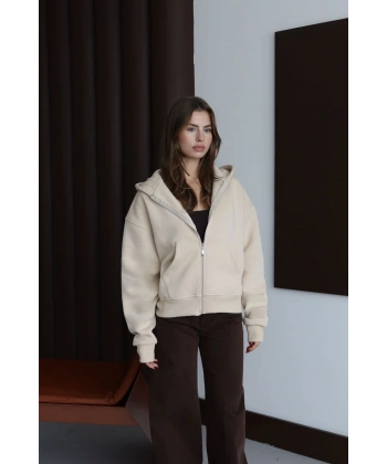 3 iplik şardonlu kapşonlu hoodie frm bej p510437