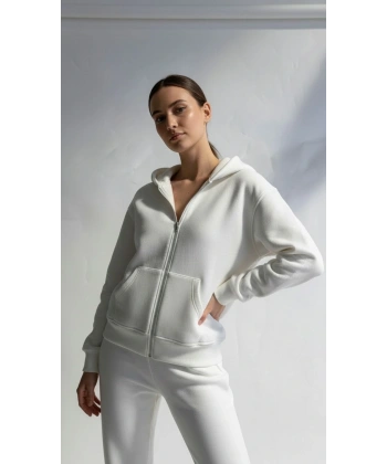 3 iplik şardonlu kapşonlu hoodie frm beyaz p510437