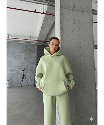 3 iplik şardonlu kapşonlu sweatshirt mint p510436