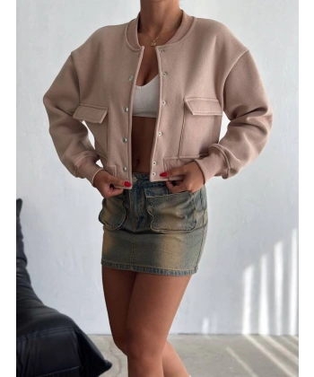 3 iplik şardonlu Önü çıtçıtlı cepli ceket bej f2226