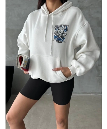 3 iplik şardonlu oversize kafa baskılı sweat beyaz