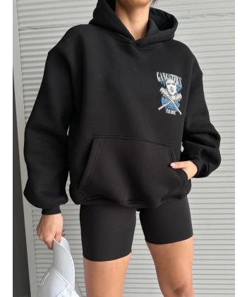 3 iplik şardonlu oversize kafa baskılı sweat siyah