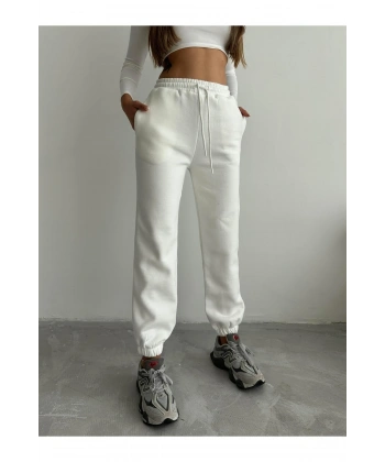 3 iplik şardonlu paça lastikli eşofman beyaz is001