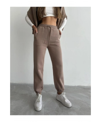 3 iplik şardonlu paça lastikli eşofman vizon is001