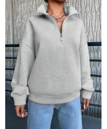 3 iplik Şardonlu yarım fermuarlı sweatshirt gri