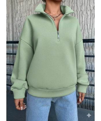 3 iplik Şardonlu yarım fermuarlı sweatshirt mint