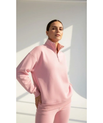 3 iplik Şardonlu yarım fermuarlı sweatshirt somon