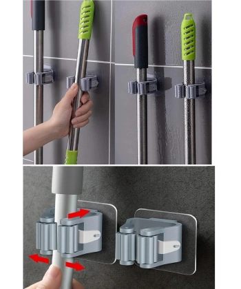 3 Lü Renkli  Yapışkanlı Mop Fırça Çek pas Sap Tutucu Organizer Mutfak Banyo Düzenleyici
