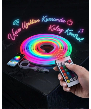 3 Metre RGB Akıllı Neon LED Şerit Işık Telefon ve Kumanda Kontrollü Ambiyans Aydınlatma