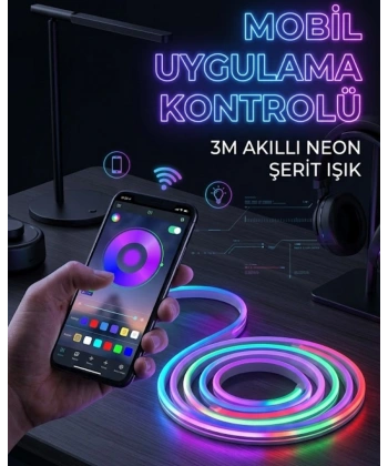 3 Metre RGB Neon LED Şerit Işık Su Geçirmez Kumandalı ve Uygulama Kontrollü Dekoratif Aydınlatma