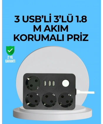 3 USB Çıkışlı 4’lü Akıllı Priz 2500W 2 Metre Kablo
