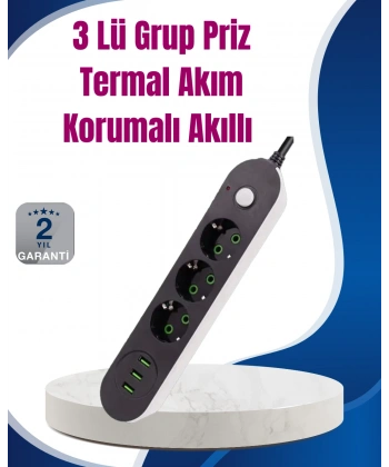3 USB Çıkışlı Hızlı Şarjlı Anahtarlı Üçlü Priz