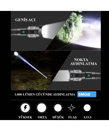 3000 LÜMEN GÜÇLÜ EL FENERİ WATTON WT-604