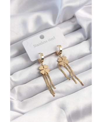 316L Çelik Altın Renk İtalyan Zincirli Yonca Model Halka Küpe