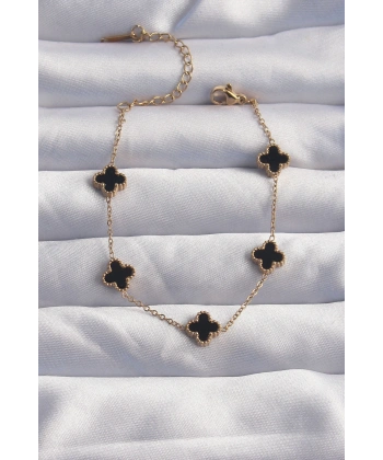 316L Çelik Baby Boy Gold Renk Siyah Mineli Yonca Bileklik