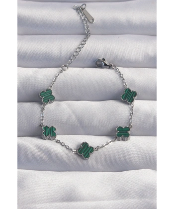 316L Çelik Baby Boy Gümüş Renk Çizgili Yeşil Mineli Yonca Bileklik