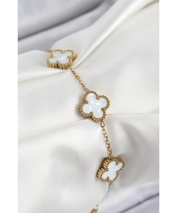 316L Çelik Beyaz Sedef Yonca Model Gold Renk Kadın Bileklik