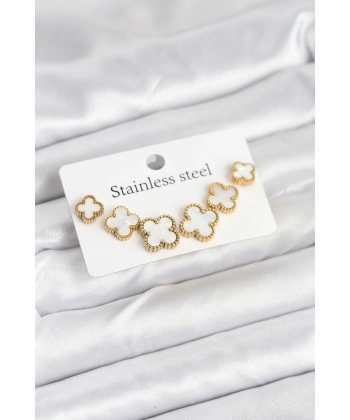 316L Çelik Gold Beyaz Renk 3 Boy Yonca Küpe Seti