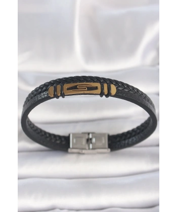 316L Çelik Gold Renk Aksesuarlı Çift Sıra Siyah Burgu Desenli Deri Kordon Erkek Bileklik