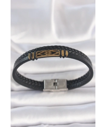 316L Çelik Gold Renk Aksesuarlı Çift Sıra Siyah Burgu Desenli Deri Kordon Erkek Bileklik