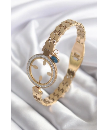 316L Çelik Gold Renk Arpa Model Zirkon Taş Detay Çeyrek Altın Takılabilir Kadın Kelepçe