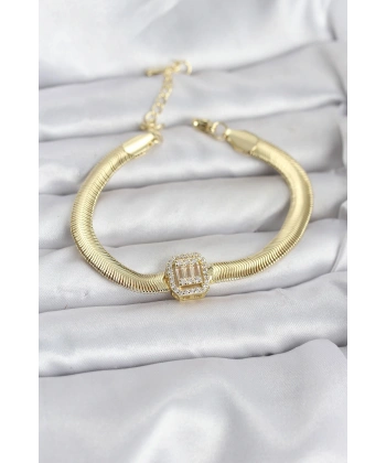 316L Çelik Gold Renk Baget Zirkon Taşlı Yılan Zincirli Kadın Bileklik