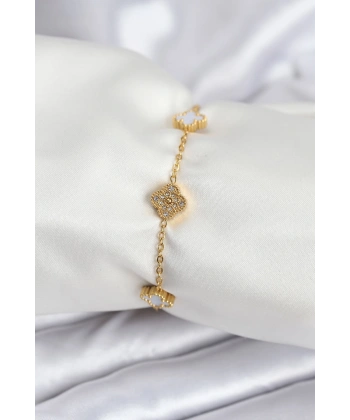 316L Çelik Gold Renk Beyaz ve Zirkon Taşlı Baby Boy Yonca Kadın Bileklik