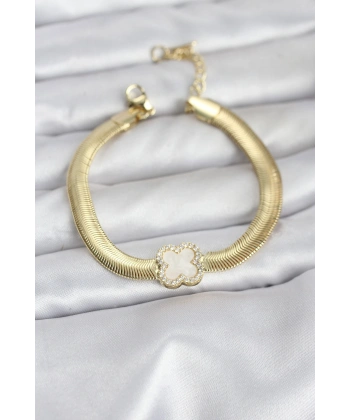 316L Çelik Gold Renk Beyaz Yonca Model Zirkon Taşlı Yılan Zincirli Kadın Bileklik