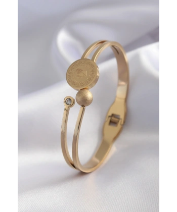 316L Çelik Gold Renk Çeyrek Altın Zirkon Taş Detay Kadın Kelepçe