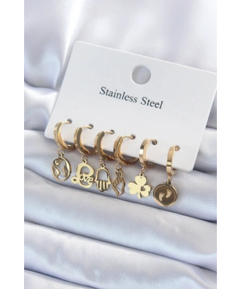 316L Çelik Gold Renk Çoklu Figür Model Kadın Küpe Seti