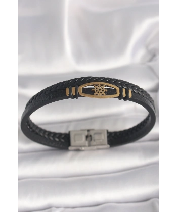 316L Çelik Gold Renk Gemi Dümen Figür Siyah Renk Çift Sıra Burgu Desenli Deri Kordon Erkek Bileklik
