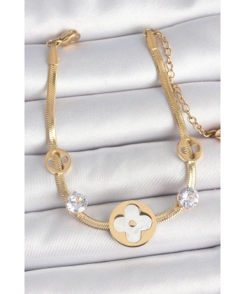 316L Çelik Gold Renk İtalyan Zincir Beyaz Mineli Yonca Model Zirkon Taş Detaylı Kadın Bileklik