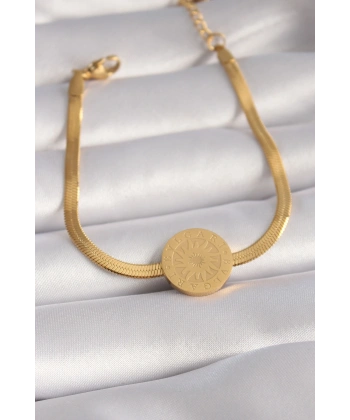 316L Çelik Gold Renk İtalyan Zincir Model İşlemeli Madalyon Figür Kadın Bileklik