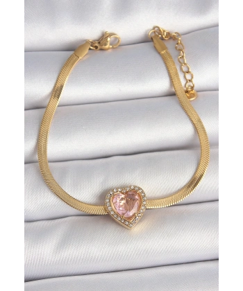 316L Çelik Gold Renk İtalyan Zincir Pembe Zirkon Taşlı Kalp Model Kadın Bileklik