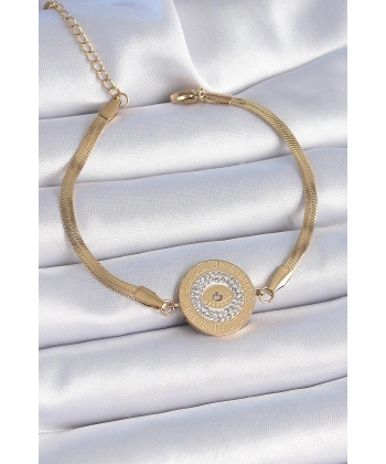 316L Çelik Gold Renk İtalyan Zincir Zirkon Taşlı Göz İşlemeli Madalyon Model Kadın Bileklik