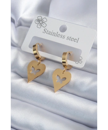 316L Çelik Gold Renk Kalp Model Kelebek İşleme Kadın Küpe