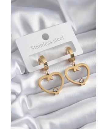 316L Çelik Gold Renk Kalp Model Zirkon Taş Detay Kadın Küpe