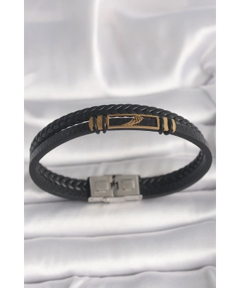 316L Çelik Gold Renk Kanat Aksesuarlı Siyah Burgu Model Deri Kordon Erkek Bileklik