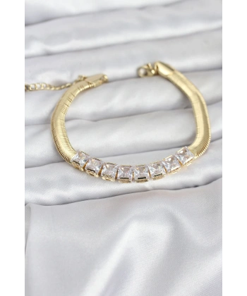 316L Çelik Gold Renk Kare Zirkon Taşlı Yılan Zincirli Kadın Bileklik