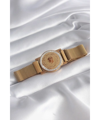 316L Çelik Gold Renk Mıknatıslı Hasır Zirkon Taşlı Çeyrek Altın Model Kadın Bileklik