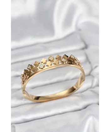 316L Çelik Gold Renk Minimal Yoncalı Kadın Kelepçe Bileklik