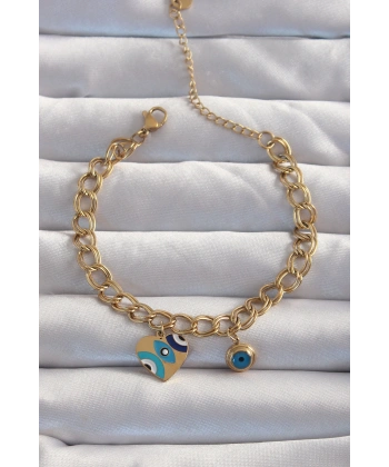 316L Çelik Gold Renk Nazarlı Kalp Model Zincir Bileklik