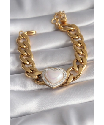 316L Çelik Gold Renk Pembe 3D Kalp Model Zirkon Taşlı Kadın Bileklik